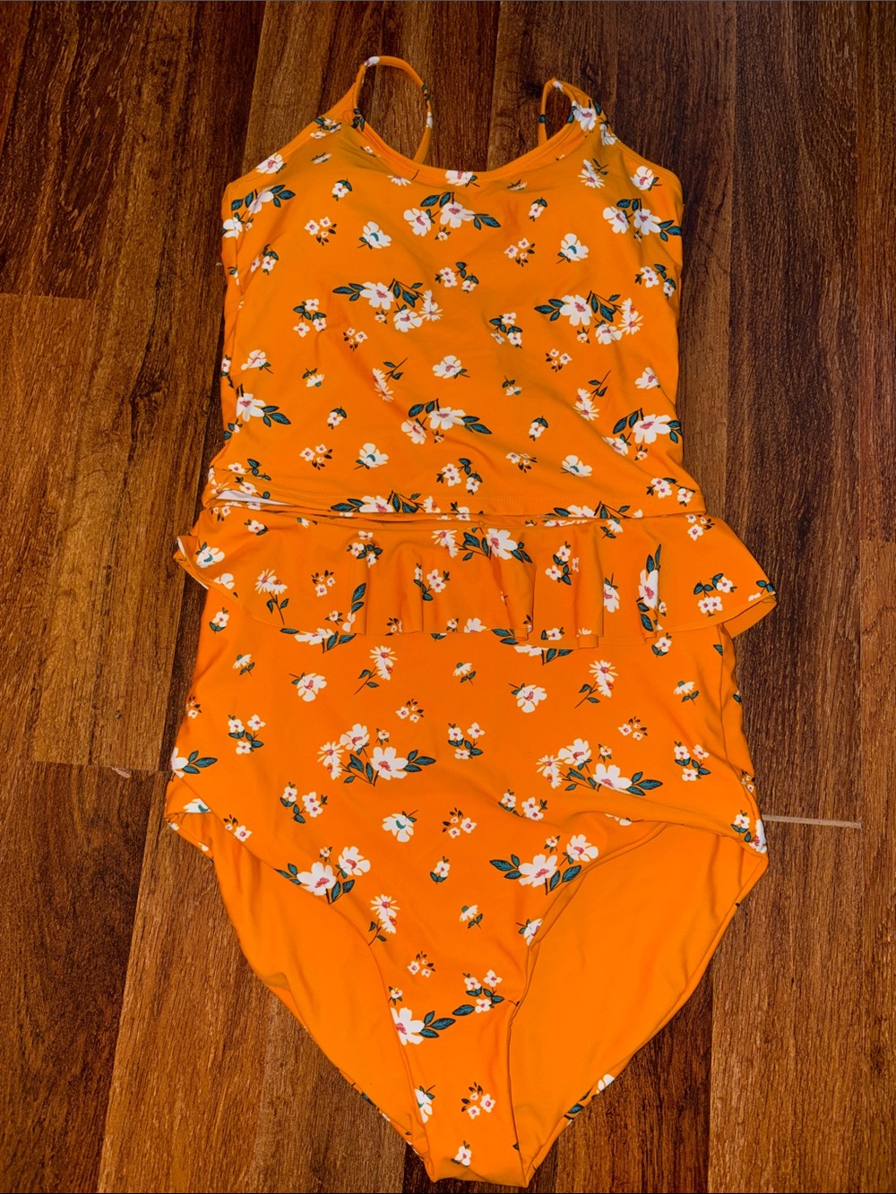 Orange Floral Ruffled Two-Piece Swimsuit with Reversible Bottoms